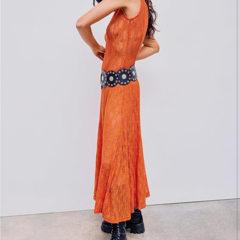 🧡Brand New SEXY Burnt Orange Lace Sheer V Neck Dress🧡 - Picture 2 of 4